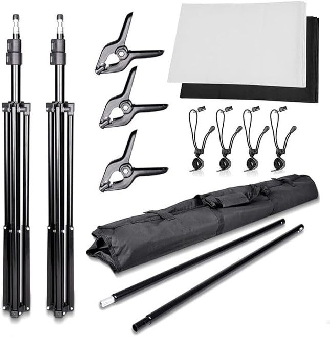 SLOW DOLPHIN Photo Background Support System with Backdrop Stand Kit, 100% Pure Muslin 6.5 Ft x 10 Ft (White/Black) Backdrop,Clamp, Carry Bag for Photography Video Studio