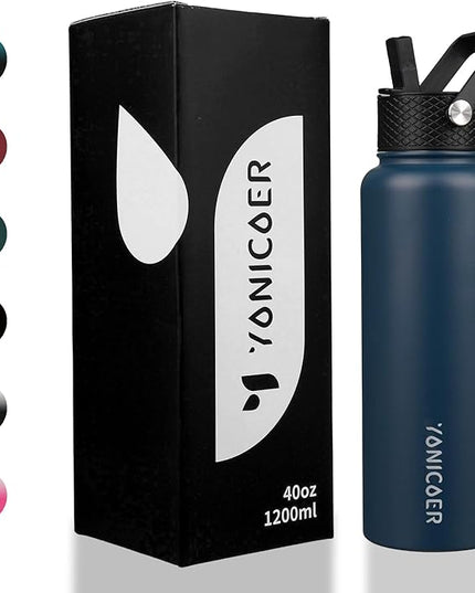 Insulated Water Bottle 40oz,Triple Wall Vacuum Stainless Steel(Dishwasher Safe),Leak Proof & Non-BPA,Flask Jug with Paracord Handle & Straw Spout Lids Sports Navy Blue