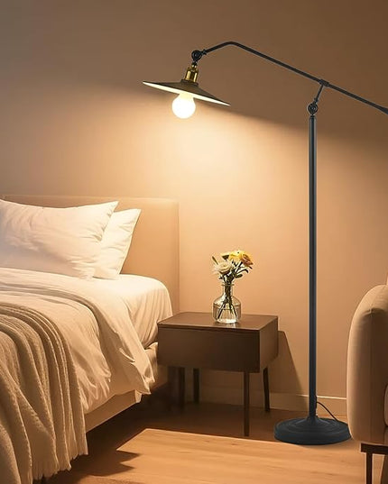 Swing Arm Floor Lamp Smart Remote Dimming for Living Room Corner Table Bedroom Office Library Farmhouse Reading Standing Tall Lights, Bright Adjustable Black Retro Rustic Industrial Home Decor