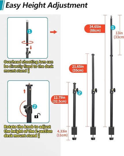 Overhead Camera Mount Desk Stand, Camera Arm Desk Mount Clamp Stand with 360°Adjustable Magic Arm, Webcam Arm Mount Stand w Ballhead Phone Mount for Desk Logitech Microphone Video Light Cell Phone