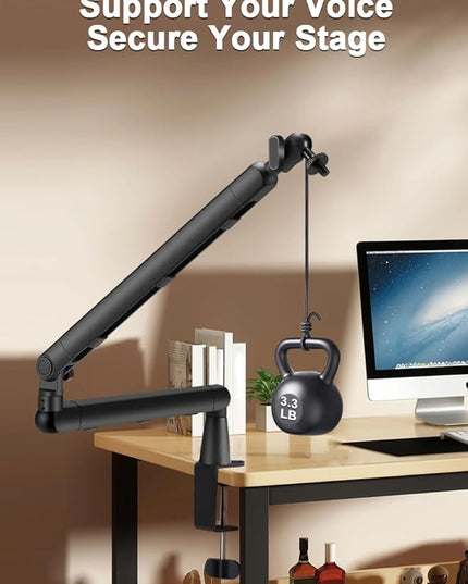 Low Profile Mic Arm Stand,Adjustable Desk Clamp Mic Boom Arm with 360°Swivel and Detachable Rise Column，Built-In Cable Management,with Mic Clip 3/8" to 5/8",For Podcasting and Streaming