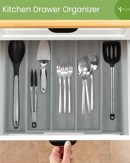 Purawood Kitchen Drawer Organizer - Expandable Utensil Drawer Organizer for Kitchen, Cutlery Tray & Silverware Organizer, 3-5 Slots - Bamboo Organizer for Utensils & Flatware (Grey)