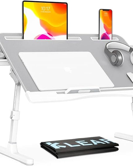 KLEAR Foldable Laptop Bed Tray Desk with Extral Drawstring Bag, Adjustable Bed Table with Heights and Angles, Lap Desk for Eating, Working, Writing, Gaming, Drawing with 2 Drawers(Grey)