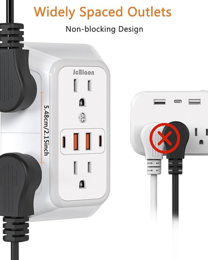 USB Wall Charger Power Strip Surge Protector with 4 USB Ports (2 USB C) Plug Extension Multiple Outlets Plug Extension Multi Outlet Plug in Adapter Spaced Outlets for Home Office Travel,White (White)
