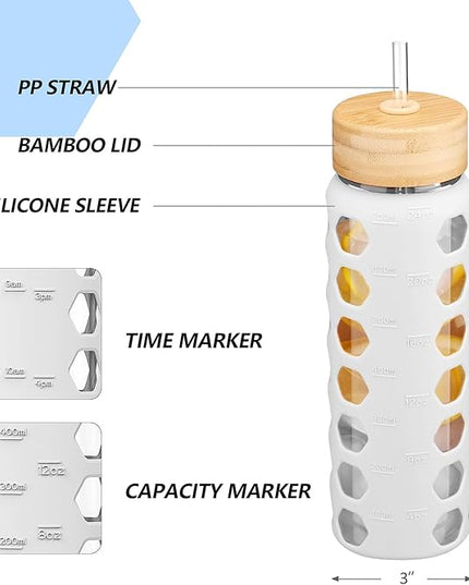 MUKOKO Glass Water Bottles, 24oz Glass Tumbler with Straw, Drinking Bottles with 2 Lids-Handle Spout Lid&Bamboo Straw Lid, Motivational Water Bottle with Time Marker and Silicone Sleeve, 1 Pack-White