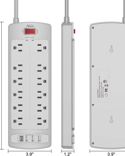 Power Strip, ALESTOR Surge Protector with 12 Outlets and 4 USB Ports, 6 Feet Extension Cord (1875W/15A), 2700 Joules, ETL Listed, Grey