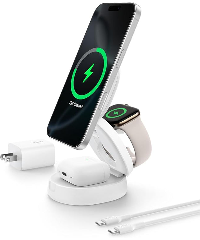 Belkin MagSafe Charger Compatible, 3-in-1 Qi2 15W Wireless Charging Station, Convertible Wireless Charger for iPhone 17, Apple Watch, AirPods, Pixel 10, Phone Stand for Travel w/ 36W Adapter - White