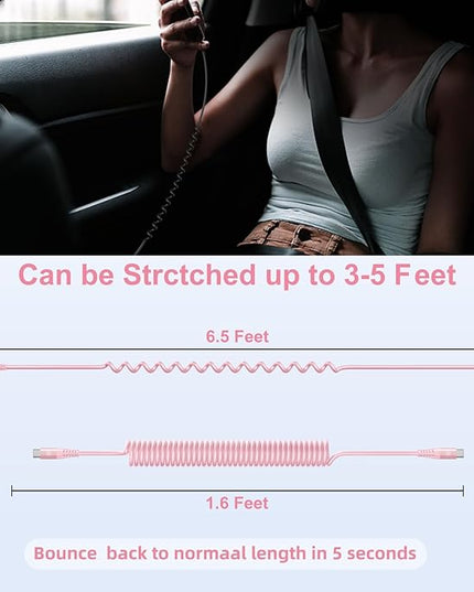 USB C to C Cable 6FT, 2Pack Coiled USB C Fast Charging Cable for Car, CarPlay iPhone USB-C Cable/Android Auto USB C Cord, USB Type C Cable for iPhone 17/16/15/Pro Max/Samsung Galaxy S23 and More-Pink