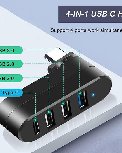 VIENON 4-Port USB C Hub [90°/180° Degree Rotatable], USB C Adapter Splitter with PD-in 5W Port, USB Extender for MacBook, iMac, Surface, and More C Port Laptop(Not for Car)