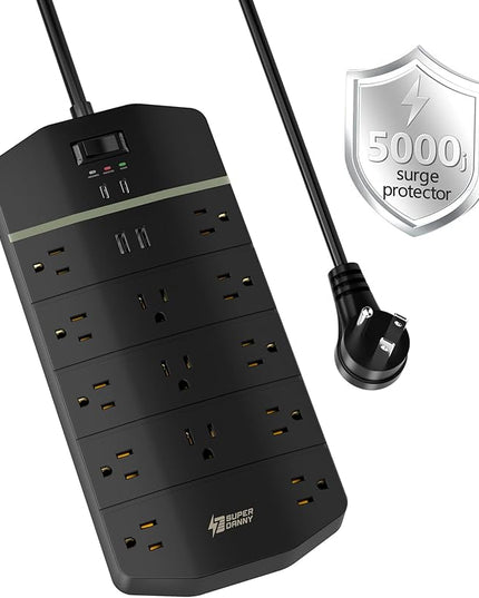 Power Strip,SUPERDANNY 5000 Joules Surge Protector with 13 AC Outlets 2 USB-A & 2 USB-C PD 20W Fast Charging Heavy Duty 14AWG/3C Industrial Grade Extension Cord for Workbench Home Office Black