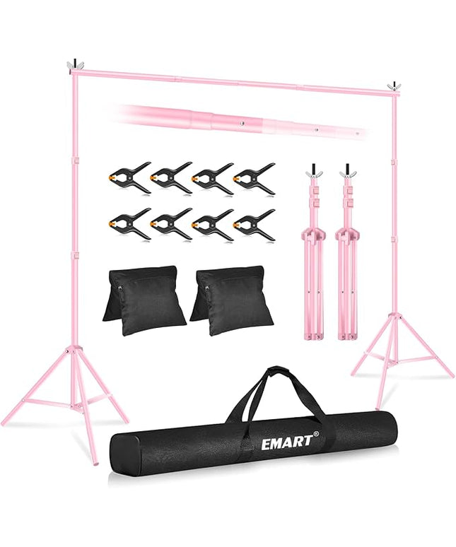EMART Backdrop Stand 10x7ft(WxH) Photo Studio Adjustable Background Stand Support kit with 2 Crossbars, 8 Clamps, 2 Sandbags and Carry Bag for Parties, Events Decoration, Wedding, Photography -Pink