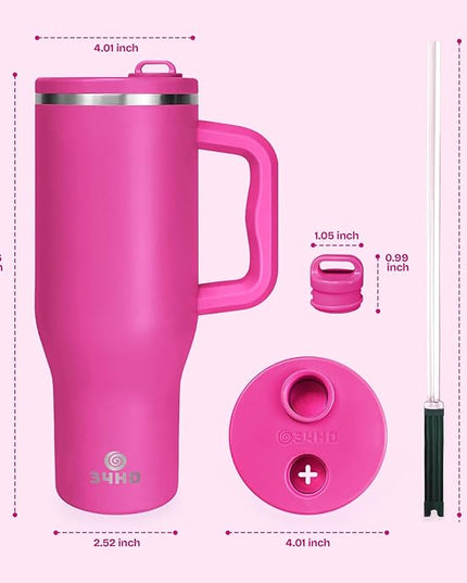 34HD 40 oz Stainless Steel Tumbler - Leakproof Insulated Water Bottle with Handle, Magnetic Lid and Flexible Straw - Iced for 48 Hours – Perfect for Men, Women, Birthday Gift, Pink - Hot Pink