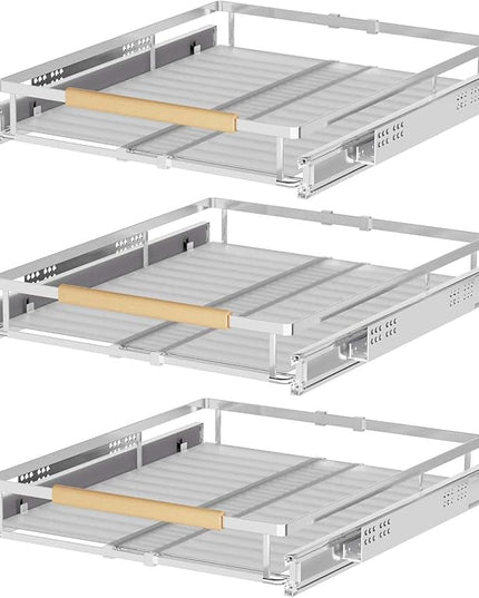 Pull Out Cabinet Organizers,Expandable Slide Out Storage Shelves,D:17.1” x W:12”-18.3” Stainless Steel Storage Drawers,3 Packs of Heavy Duty Gliding Cupboard Shelves for Home Kitchen Pantry Cupboard