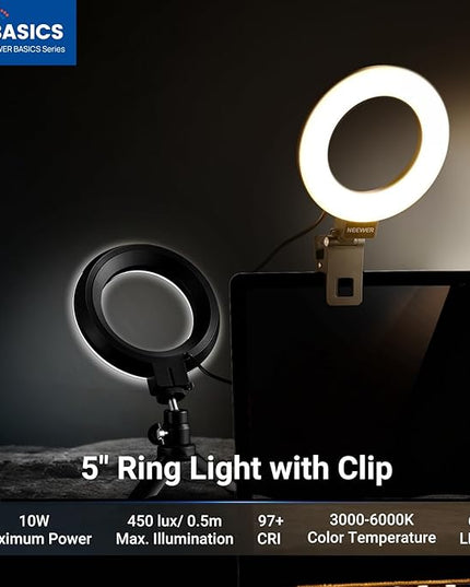 NEEWER Basic 5" Ring Light for Video Conference Lighting, Clip on Light Kit with Desk Tripod Stand for Monitor Laptop Computer Zoom Call Live Streaming Remote Working Learning Video Recording, BR60
