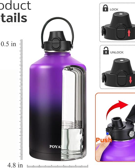 Water Bottle Insulated 32oz 40oz 64oz 128oz Straw Lid Spout Lid & 3 Lids, Leak Proof, Vacuum Insulated,Stainless Steel Water Bottle Wide Mouth for Sports, Gym or Office