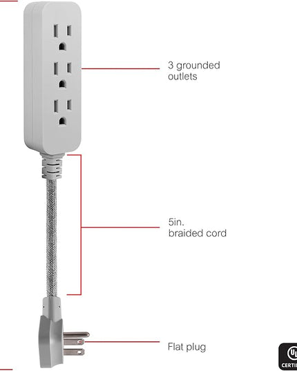 GE 3-Outlet Power Strip Mini Extension Cord with Multiple Outlets 5 Inch Braided Short Cord Extension Cord Grounded Flat Plug Extension Cord ETL Listed Gray 53199