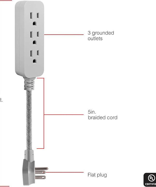GE 3-Outlet Power Strip Mini Extension Cord with Multiple Outlets 5 Inch Braided Short Cord Extension Cord Grounded Flat Plug Extension Cord ETL Listed Gray 53199