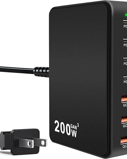 USB C Charger Charging Station 200W 7-Port GaN Fast Charging Block PD 3.0 TypeC and USB A Wall Charger Laptop Power Adapter for All iPhone16/15/14 iPad Samsung Android Pixel Series (Black)