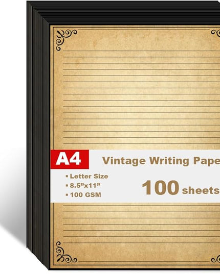 Vintage Lined Paper with Antique Border Design, 100 Sheets, Stationary Paper for Writing Letters, 100gsm, 11 x 8.5'', Aged Stationery for Writing Letters, Invitations, Stationery Writing Papers