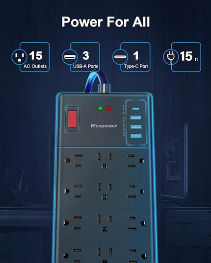 Surge Protector Power Strip 15 ft cord-15 Widely Spaced Outlets and 4 USB Ports(1 USB C Port),14 AWG Extension Cord,1875W/15A Heavy Duty Power Strip Surge Protector 15 ft Cord,2800J,Black