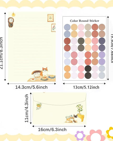 37 Pcs Stationery Paper Envelopes Set Includes 24 Lined Writing Paper & 12 Envelopes with 48 Colorful Round Dot Stickers, Cute Vintage Cat Letter Writing and Stationery Paper Envelopes(4Style)