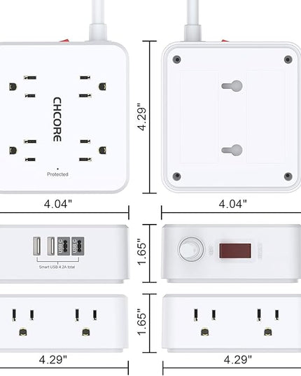 10Ft Surge Protector Power Strip - CHCORE Flat Plug Extension Cord with 8 Outlets and 4 USB Ports(2 USB C), 3 Side Wall Mount Outlet Extender for Home Dorm Room Essentials, ETL Listed, White