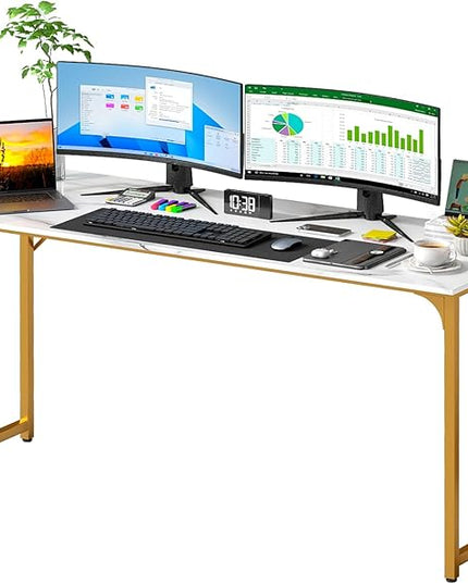PayLessHere | 63 Inch Computer Desk | White Gold | Office Desk with Metal Frame, Adjustable Feet | Water-Resistant, Scratchproof Surface | Sturdy Writing Table for Home Office or Study | Pack of 1