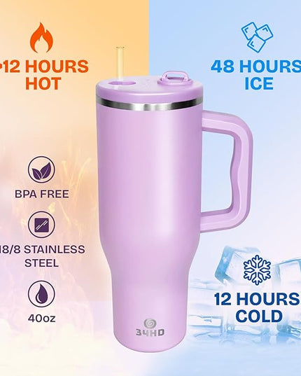 34HD 40 oz Stainless Steel Tumbler - Leakproof Insulated Water Bottle with Handle, Magnetic Lid and Flexible Straw - Iced for 48 Hours – Perfect for Men, Women, Birthday Gift, Purple - Lilac Bloom