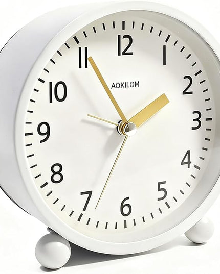 AOKILOM Analog Alarm Clock, Non-Ticking Silent Travel Small Clock, Battery Operated with On-Demand Light, Easy Set Gentle Wake, Ideal Decor for Bedroom, Bedside, Desk,Office(White)