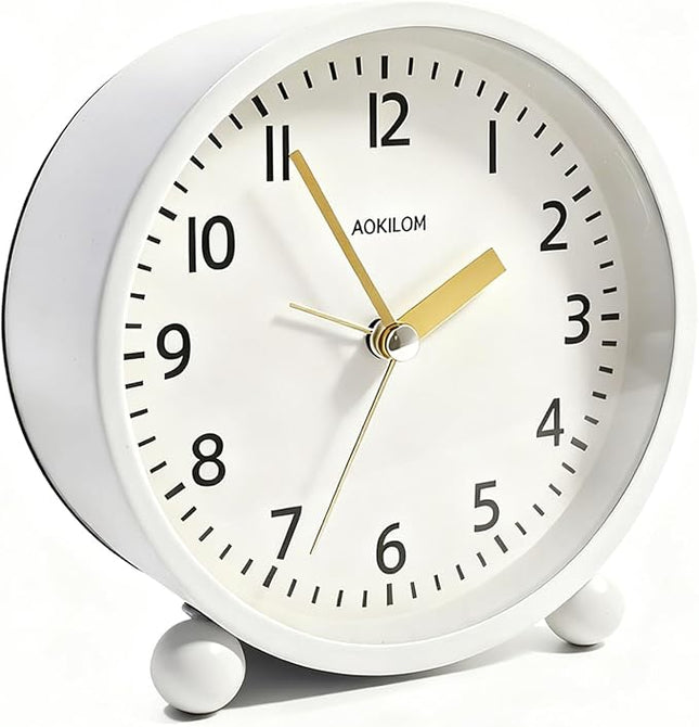 AOKILOM Analog Alarm Clock, Non-Ticking Silent Travel Small Clock, Battery Operated with On-Demand Light, Easy Set Gentle Wake, Ideal Decor for Bedroom, Bedside, Desk,Office(White)