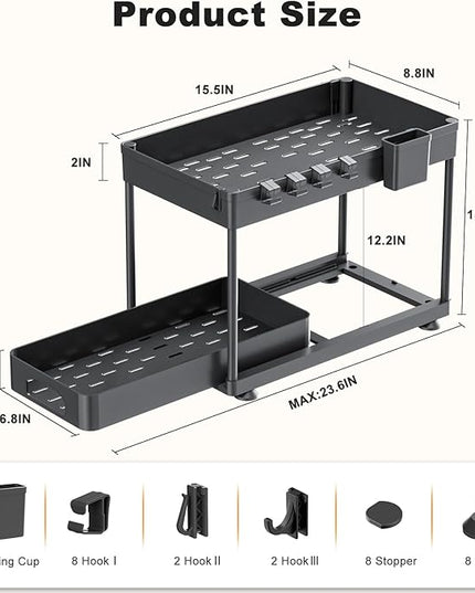 Under Sink Organizer, Under Kitchen Sink Organizer, 2 Pack Bathroom Cabinet Organizers and Storage, 2 Tier Pull-Out Multi-Purpose Storage Organizers for Bathroom Kitchen Cabinet, Black