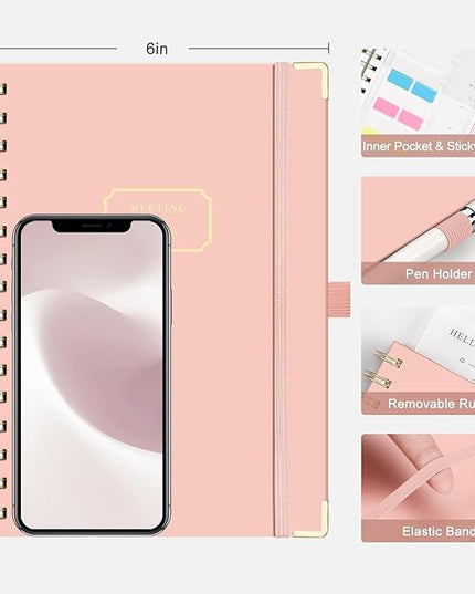 EMSHOI Meeting Notebook for Work - A5 Half Meeting Half Note Planner, 140 Pages, 100GSM Thick Paper, Hardcover, Project Organizer for Women Men Office, Business, Note Taking, 6"x8.3" - Pink