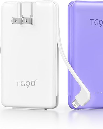 TG90° 2 Pack 5000mAh Power Bank,Small Portable Charge Built-in AC Plug and Cables,Pocket Size USB C External Battery Pack Compatible with iPhone 17 16 15 14 13 12 Samsung Google iPad,White & Purple