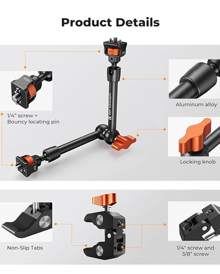 K&F CONCEPT 11" Magic Arm Clamp Kit with ARRI 1/4" & 3/8" Thread Screw, 360° Ball Heads Arm with Clamp Mount for DSLRs, Camera Cage, Monitor, LED Light, Webcam, Action Camera