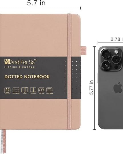&And Per Se Dotted Journal Notebook, A5 Hardcover Leather Bullet Dotted Journal, 160 Pages 100 gsm Thick Paper，3 Sheets of Stickers Included - 5.7'' x 8''（Apricot）