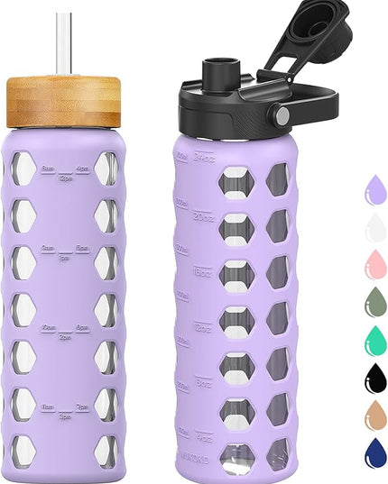 MUKOKO Glass Water Bottles, 24oz Glass Tumbler with Straw, Drinking Bottles with 2 Lids-Handle Spout Lid&Bamboo Straw Lid, Motivational Water Bottle with Time Marker and Silicone Sleeve, 1 Pack-Purple