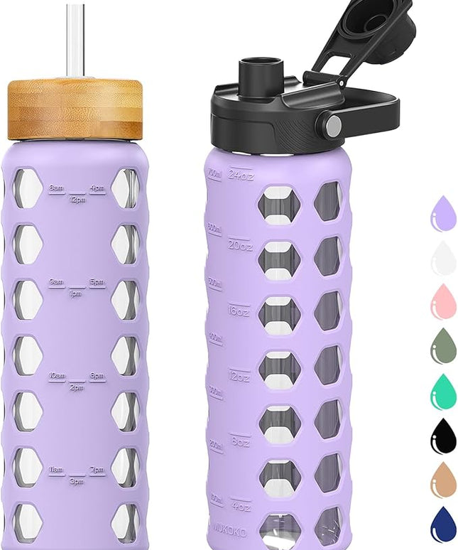 MUKOKO Glass Water Bottles, 24oz Glass Tumbler with Straw, Drinking Bottles with 2 Lids-Handle Spout Lid&Bamboo Straw Lid, Motivational Water Bottle with Time Marker and Silicone Sleeve, 1 Pack-Purple