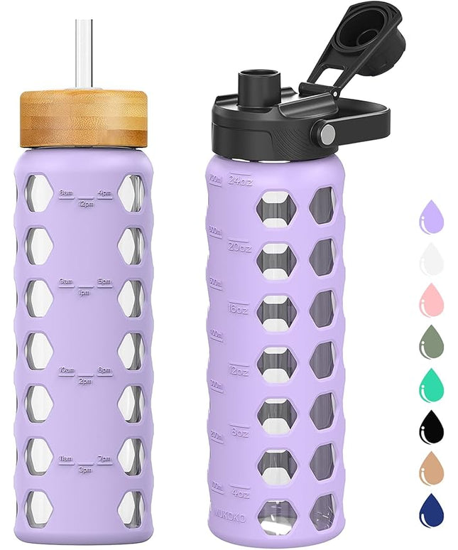 MUKOKO Glass Water Bottles, 24oz Glass Tumbler with Straw, Drinking Bottles with 2 Lids-Handle Spout Lid&Bamboo Straw Lid, Motivational Water Bottle with Time Marker and Silicone Sleeve, 1 Pack-Purple
