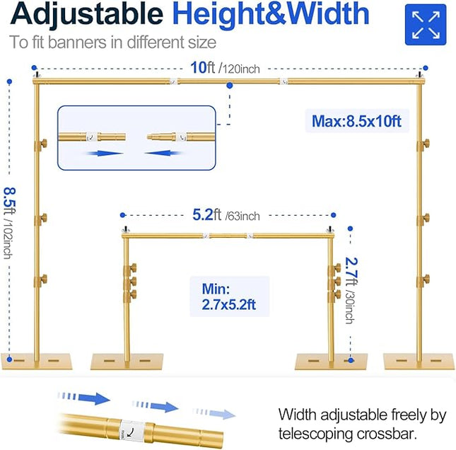 EMART Backdrop Stand, 8.5x10ft Width Adjustable Photography Background Support Poles with Heavy Duty Flat Base, Photo Metal Steel Pipe and Drape Frame Kit for Parties Birthday Wedding - Gold