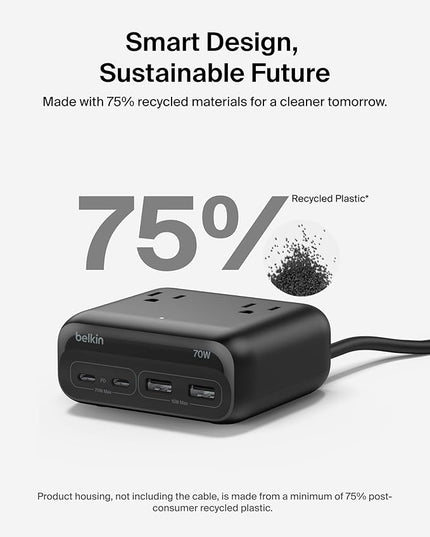 Belkin GaN Charging Station 70W, 7-in-1 Dual USB C Charger w/ 3X AC Outlets, 2X USB A Ports - Power Strip for iPhone, Apple Watch, iPad, MacBook, Chromebook, Samsung Galaxy, Pixel 10, & More - Black