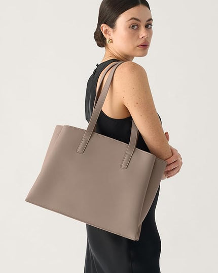 Work Tote Bags for Women 14 Inch - Work Bag Laptop Bag with Zip Compartments - Large PU Leather Office Computer Briefcase