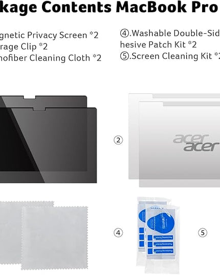 acer [2 Pack] Laptop Privacy Screen for MacBook Pro 14 Inch (2021-2024 M1, M2, M3, M4), Eye Protection Anti Spy/Glare Blue Light Computer Monitor Privacy Filter, Dual-sided Magnetic & Removable