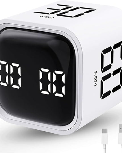 Productivity Timer Flip Gravity Sensor Cube Timer Countdown & Countup,Mute & Vibrate & Sound，5/10/30/60min & Custom Timing, Perfect for ADHD,Work,Learning,Kitchen Cooking (1White)
