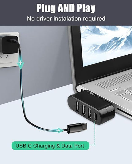 VIENON 4-Port USB 3.0 Hub [90°/180° Degree Rotatable], USB Splitter with PD-in 5W USB C Port, USB Extender for Laptop, Car, iMac, MacBook Air, MacBook Pro, and More