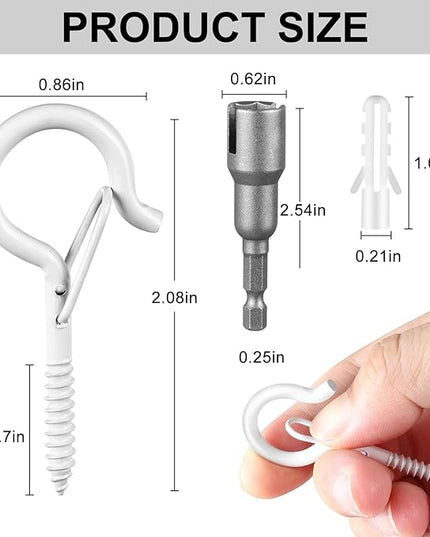 50 Pcs Screw-in Hooks for Outdoor String Lights, Q Hangers Hooks for Outside, Swivel Hanging Basket Patio Hooks with Safe Buckle, Screw in Plant Eye Hook for Wall Ceiling with 1 Wing Nut Driver, White