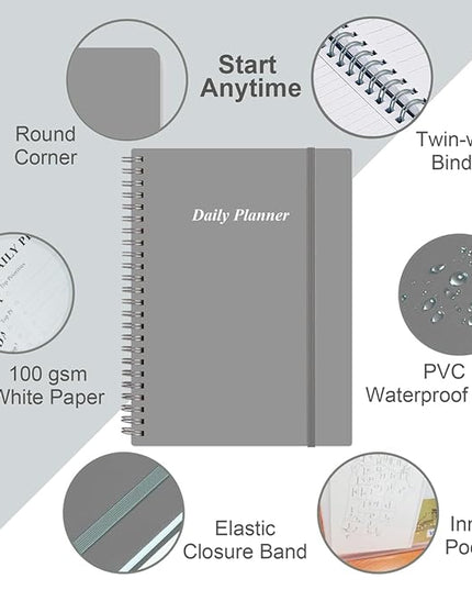 Daily Planner Undated - B5 To Do List Notebook Hourly Schedules, Spiral Appointment Planner for Women and Men, PVC Hardcover, Inner Pocket, Elastic Closure, 7" x 10", Grey