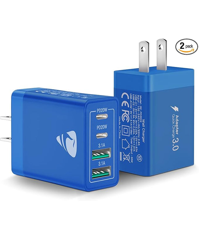 [2-Pack] USB C Wall Charger, 40W Fast USB C Charger Block, 4-Port PD + QC Wall Plug Multiport Type C Charging Block for iPhone 16 15 14 13 12 11 Pro Max XR XS 8 7, Tablets, Cellphones Cube
