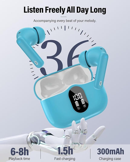 Btootos Wireless Earbuds, Bluetooth 5.4 Headphones Bass Stereo, Ear Buds with Noise Cancelling Bluetooth Earbuds 36H Classic Ice Blue