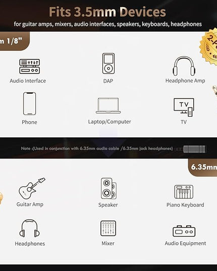 Nadadora 3.5mm Male to 6.35mm Female Stereo Headphone Adapter, 1/8 to 1/4 Audio Jack Converter for Headphones, Guitar Amp, Speaker, Mixer, 2 Pack