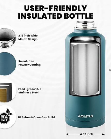 Insulated Water Bottle 87 oz, Triple Wall Vacuum Stainless Steel (Cold for 48 Hrs), Leak Proof & Non-BPA, Modern Water Flask Jug with Paracord Handle & Straw Spout Lids, Dark Green